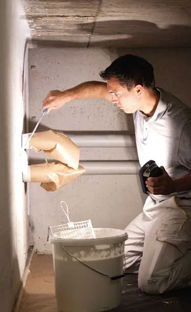 En hantverkare lyser upp ett smalt, mörkt rum med Festools Arbetsbelysning i ena handen och ett verktyg i den andra